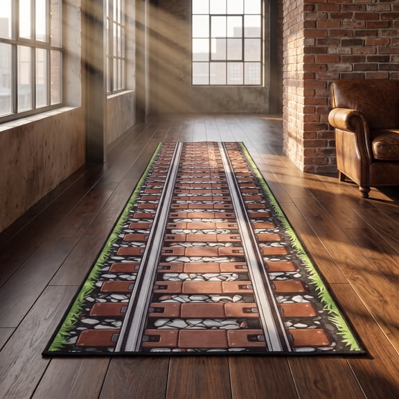 LOLIPPYY Polyester 3D Railroad Track Aisle Runner Light Brown Anti-Slip for Bedroom