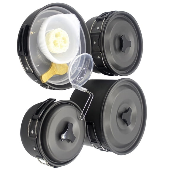 LOLIPPYY Portable Picnic Cookware Set Made of Aluminum Alloy for Outdoor Camping with Mesh Bag Black Fits 45 People