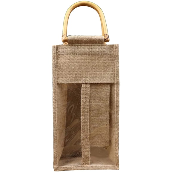 LOLIPPYY Portable Wine Bottle Bag Linen Material Light Brown with Transparent Window