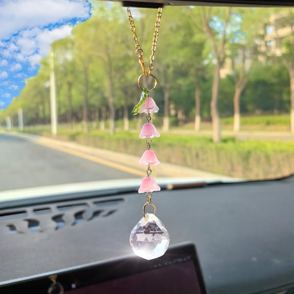 Car Rearview Mirror Crystal Flower Hanging Ornament - Elegant Sun Catcher Pendant for Women - Stylish Car Interior Decor