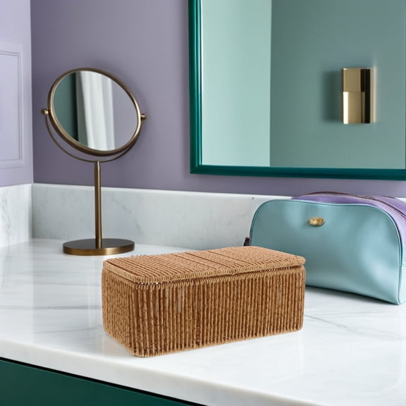 LOLIPPYY Handwoven Brown Rattan Rectangular Storage Basket with Lid, Wicker Organizer for Bathroom and Closet