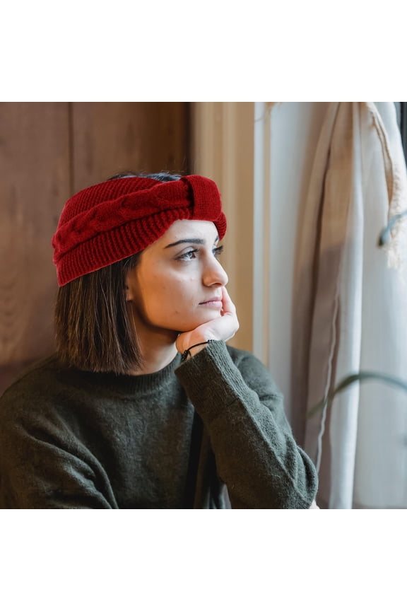 Red Winter Headband with Braided Ear Covers Soft Knitted Material for Cold Weather