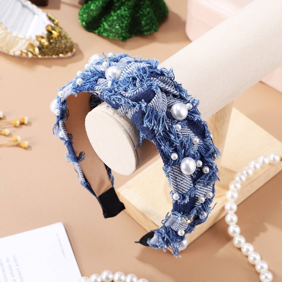 LOLIPPYY Rhinestone Headband Wide Denim Design Elastic Fit Comfortable Hairband for Running and Spa