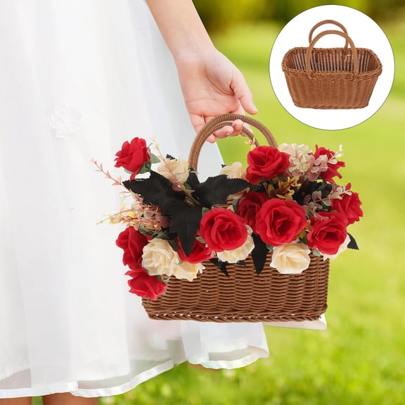 LOLIPPYY Rustic Brown Woven Picnic Basket Plastic Material with Handle Perfect for Outdoor Parties
