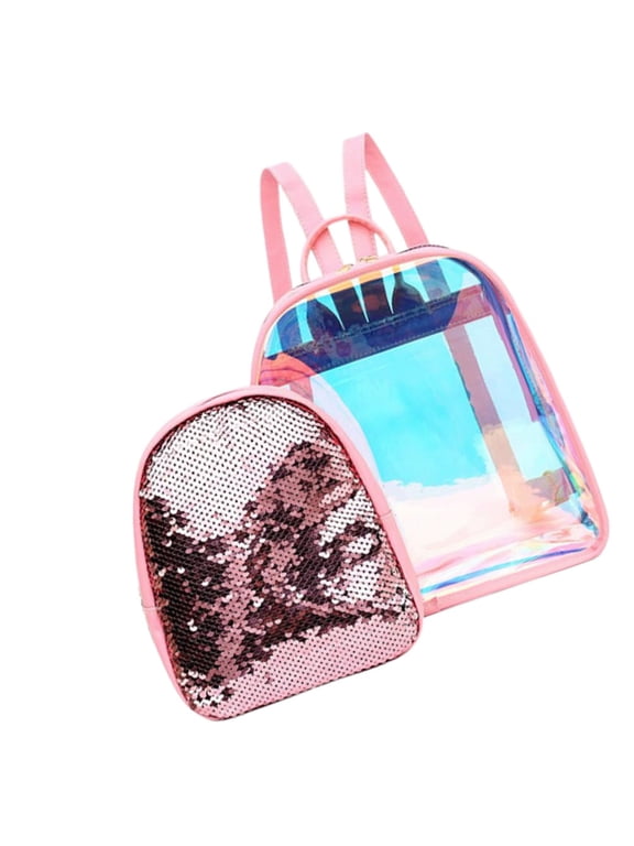 Sequin Backpack with Transparent Shoulder Bag Pink for Storage 1Set