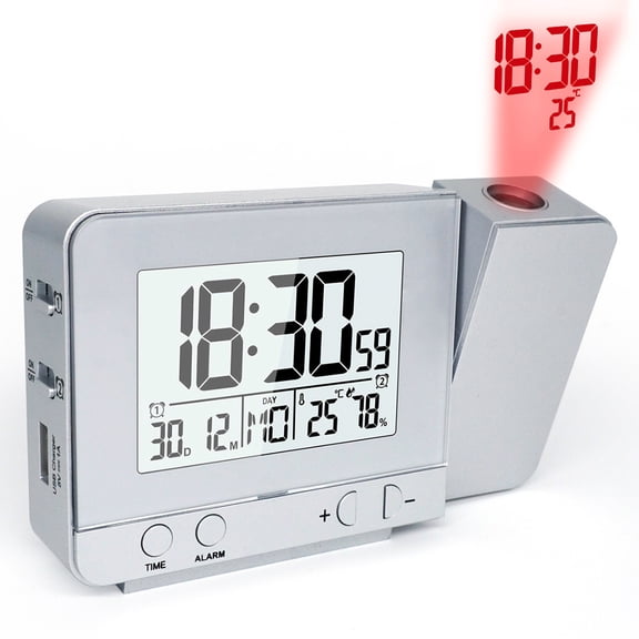LOLIPPYY Silver LED Shadow Clock with Projection Alarm USB Powered Multi-Function Display for Home and Office