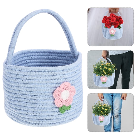LOLIPPYY Sky Cotton Rope Woven Flower Basket with Cartoon Design, Handheld Storage Container, 12 x 12 x 10 Inches