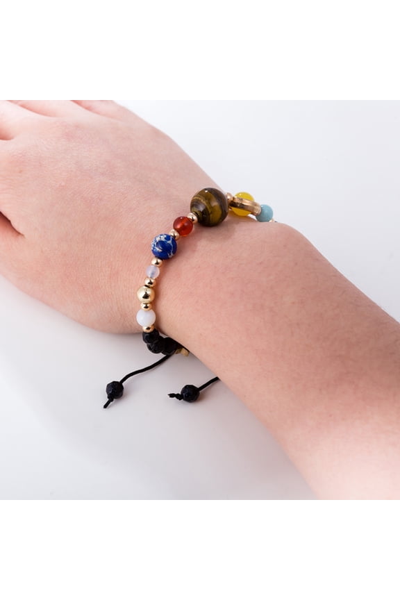 Stone Beaded Bangle with Nine Planets Universe Design, Elastic String for Comfortable Fit, Stylish Wrist Jewelry