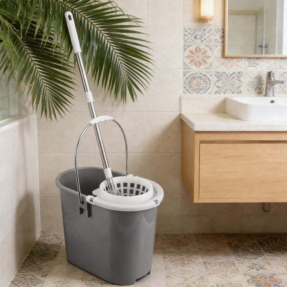 LOLIPPYY Grey Plastic Mop Bucket with Side Press for Easy Cleaning and Quick Water Drainage
