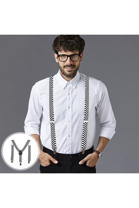 Stylish Checkered Yback Suspender with Stainless Steel Clips Fully Elastic and Adjustable 37 Inch