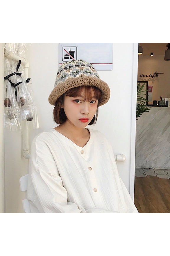 Stylish Khaki Woolen Winter Hat Knitted Cap with High Ponytail for Outdoor Use
