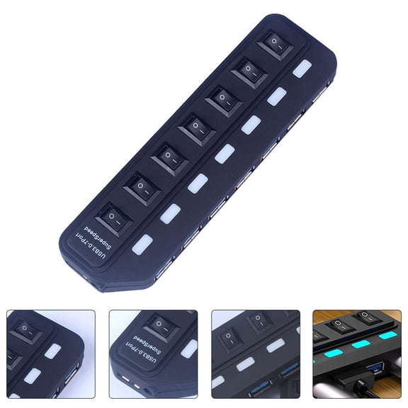 LOLIPPYY USB Hub 7 Port with Individual LED Switches USB 3.0 Compact Data Hub for Computer Black
