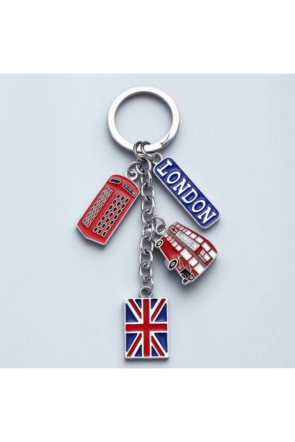 Uk Flag Keychain Metal Souvenir with Vintage London Bus Phone Box for Decorative Use