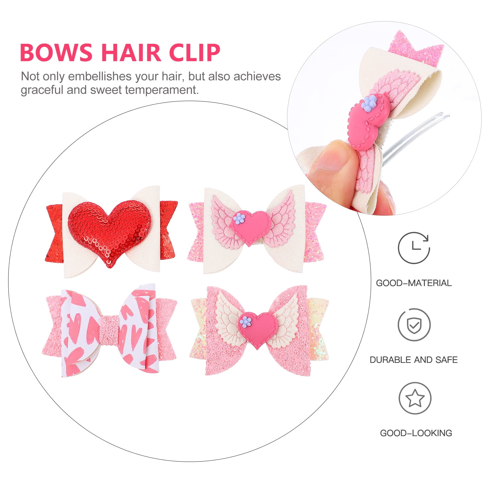 LOLIPPYY Girls Valentine Hair Accessories Set, 4pcs Non-Woven Fabric Hair Bows for Kids and