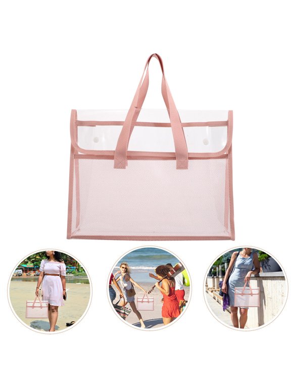 Large Pvc Tote Bag with Button, Pink Waterproof Portable Shopping Bag
