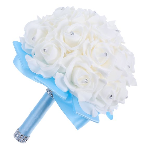 LOLIPPYY Wedding Bouquet for Bride Artificial Sky Blue Roses Hand Held Ribbon Flowers