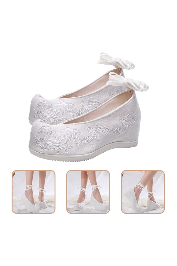 Women's Bridal Wedding Shoes, White Cotton Fabric, Hidden Heel Design, Anti-Skid Sole, Comfortable Dress Shoes Pair