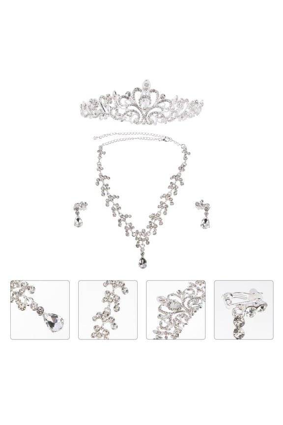 Wedding Jewelry Set Alloy Rhinestone Bridal Tiara Necklace and Earrings for Weddings Size 29x5cm 60cm 3.8cm