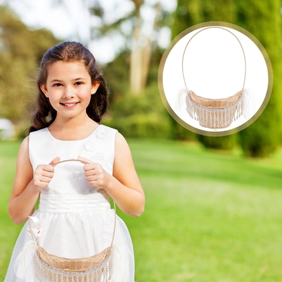 LOLIPPYY White Bamboo Wedding Flower Basket with Handle for Decor Perfect for Flower Girls and Home Use 7.5 Inch