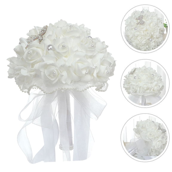 LOLIPPYY White Wedding Bouquet, Premium PE Yarn Artificial Flowers for Wedding Decor, Vivid, Realistic 12.5in Floral Arrangement