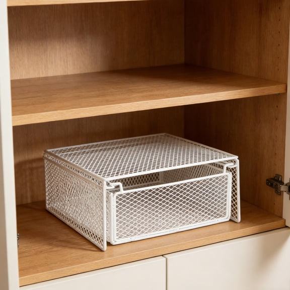 LOLIPPYY White Wire Closet Storage Basket with Sliding Drawer for Efficient Home Organization and Space Saving Solutions