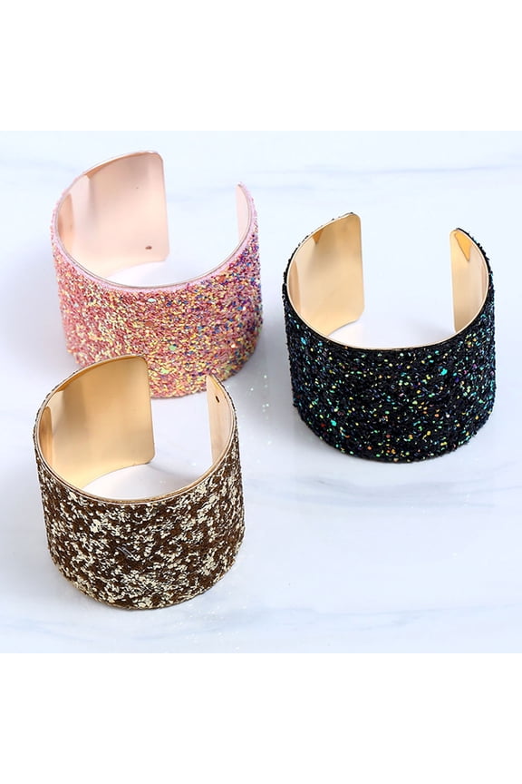 Wide Open Black Sequin Cuff Bracelet Glitter Bangle for Wedding Party Night Out