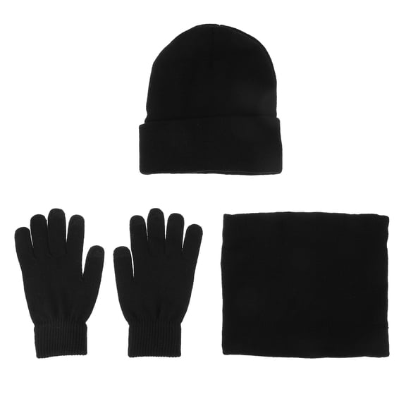 LOLIPPYY Winter Beanie Set Double-layer Knitted Hat Neck Warmer Gloves Lined for Men Women (Black)