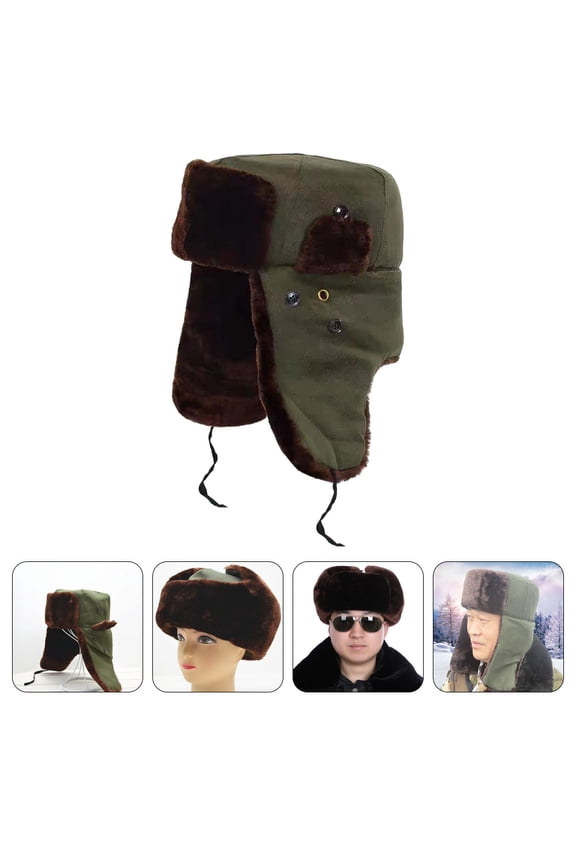 Winter Ski Hat with Thick Cotton for Riding Olive Green Warm Windproof Outdoor Headgear