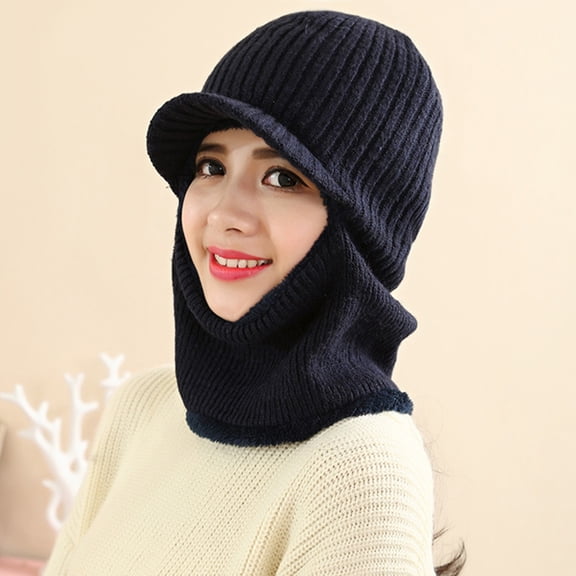LOLIPPYY Winter Windproof Knitted Beanie Hat with Visor and Neck Warmer for Men and Women - Navy