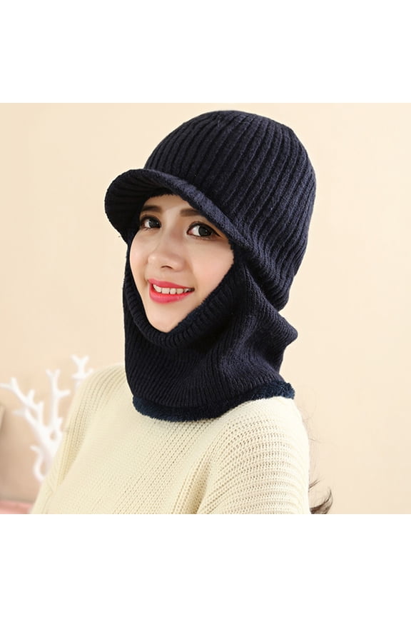 Winter Windproof Knitted Beanie Hat with Visor and Neck Warmer for Men and Women - Navy