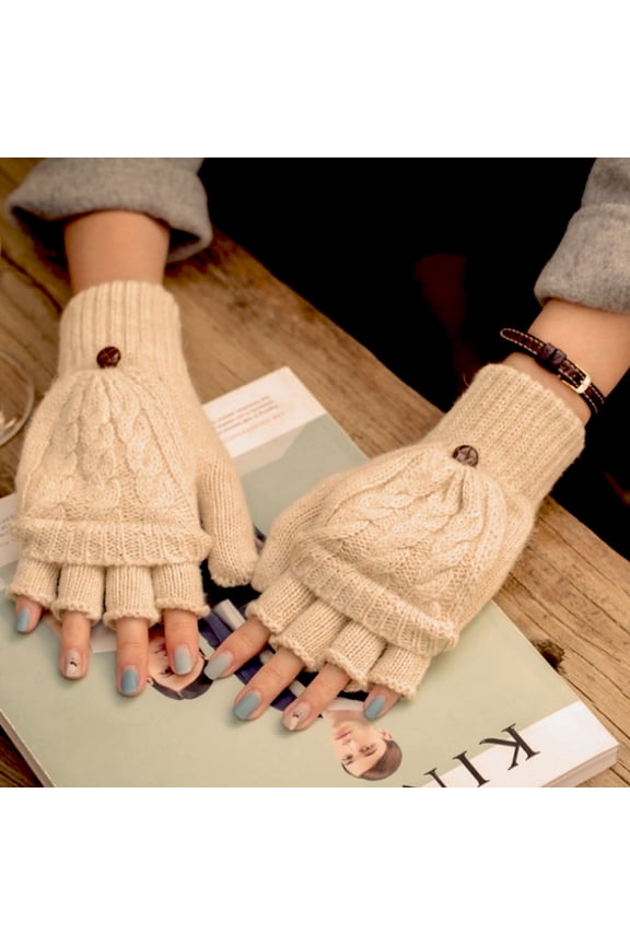 Women’s Winter Wool Knit Convertible Fingerless Gloves with Mitten Cover, Warm Beige, Cozy Cold Weather Accessory