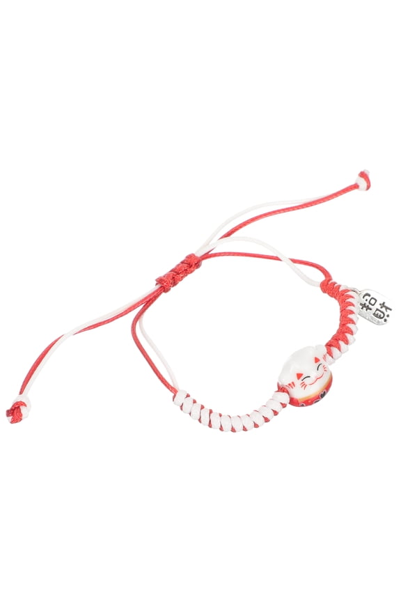 Womens Adjustable Japanese Cat Bracelet Red String Ceramic and Cotton Thread for Decoration