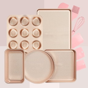 LOLLICY 11-Piece Baking Pans Set Nonstick, Stackable Non Toxic Bakeware Sets with Diamond Texture, Oven Pan Set for Cooking, Includes Cookie Sheet , Cake Pan, Roasting Pan, Muffin Tin, Gold