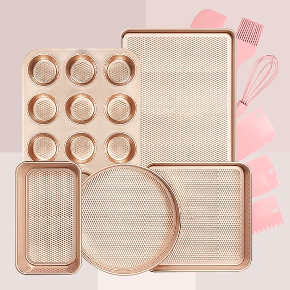 LOLLICY 11-Piece Baking Pans Set Nonstick, Stackable Non Toxic Bakeware Sets with Diamond Texture, Oven Pan Set for Cooking, Includes Cookie Sheet , Cake Pan, Roasting Pan, Muffin Tin, Gold