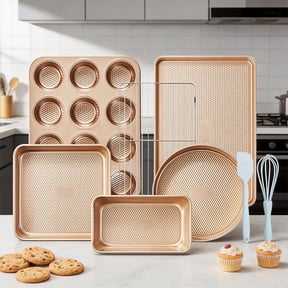 LOLLICY 8-Piece Baking Pans Set Nonstick, Stackable Non Toxic Bakeware Sets with Diamond Texture, Oven Pan Set for Cooking, Includes Cookie Sheet , Cake Pan, Roasting Pan, Muffin Tin, Gold