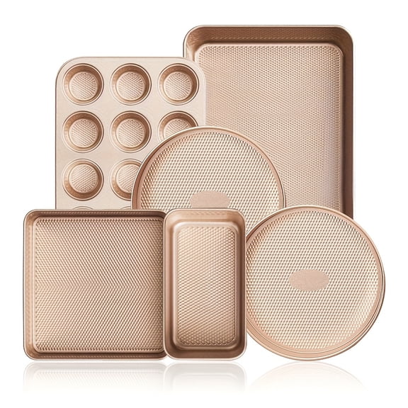 LOLLICY Non-stick Golden Baking Pan With Texture Design Is Available In 6/9/12-piece Sets For Oven Baking, Grilling, Dessert Plating And Other Scenarios.
