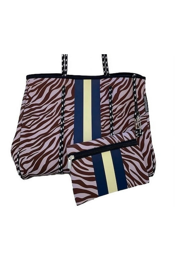 Women’s Neoprene Zebra Stripes Tote Bag with Removable Small Zippered Pouch ,Purple