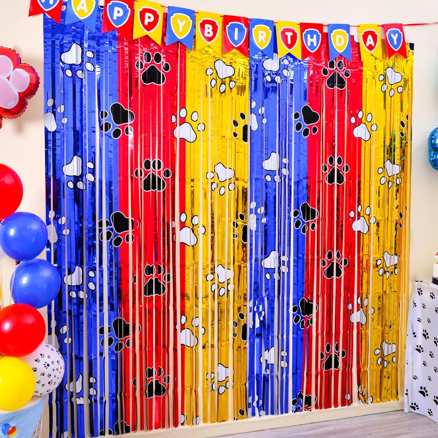 LOLStar Bupelo Paw Birthday Decorations, 2 Pack Gold Red and Blue Paw Birthday Party Supplies 3.3 x 6.6ft Tinsel Foil Fringe Curtains Photo Booth Props Backdrop Streamers