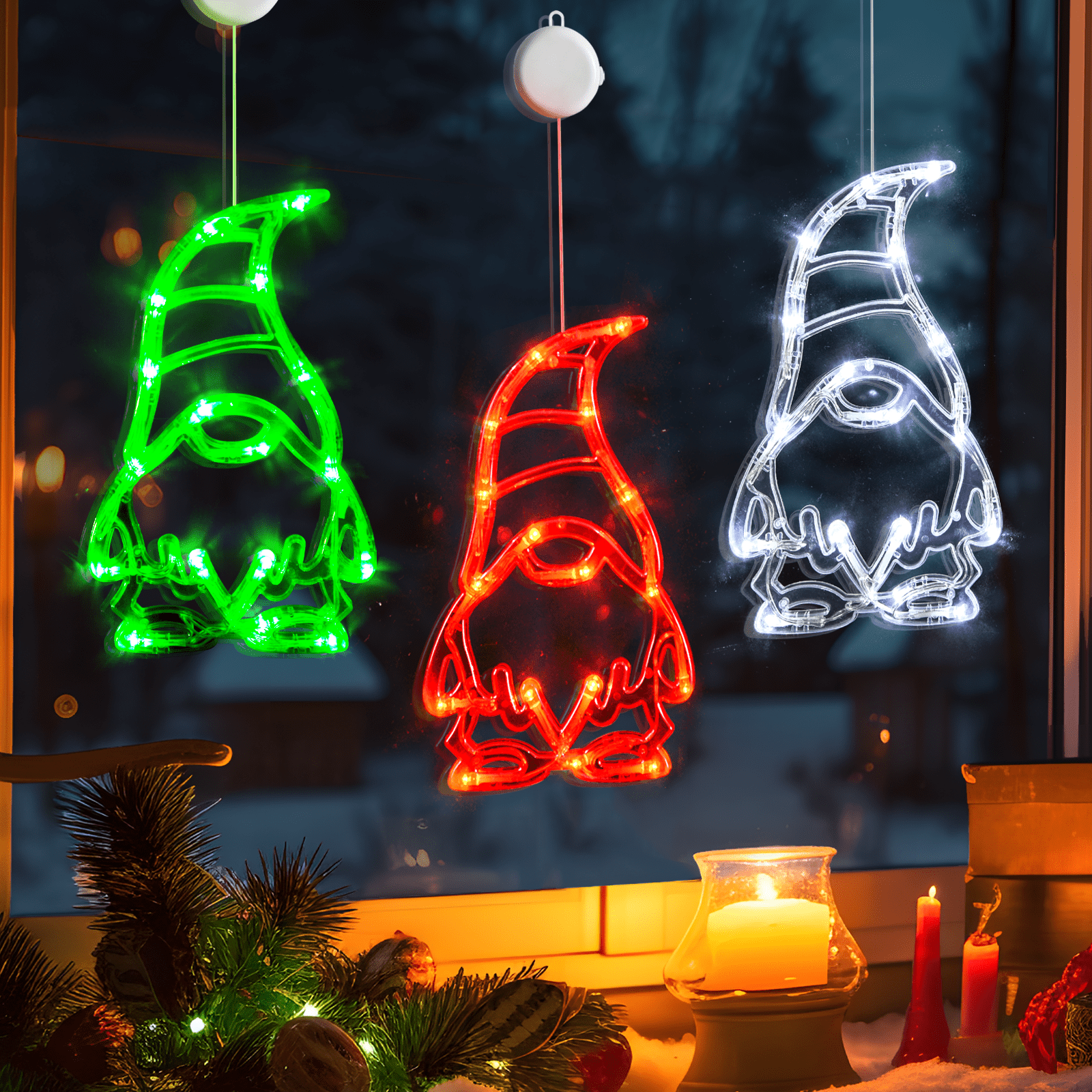 LOLStar Christmas Lights, 3 Pack Red White And Green Gnomes Window