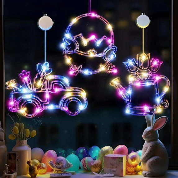 LOLStar Easter Window Lights, 3 Pack Easter Gnomes Decorations, Multicolor Hanging LED Lights with Suction Cups, Battery Operated Indoor Home Decor with Timer Function and Slow Fade