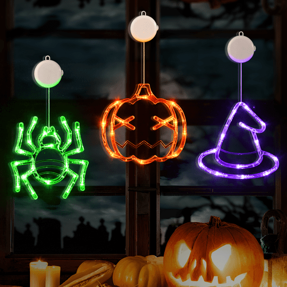 LOLStar Halloween Decorations 3 Pack Orange Pumpkin Green Spider Purple Witch Hat Window Lights with Suction Cup Battery Operated Slow Fade Timer Function Halloween Lights for window decor