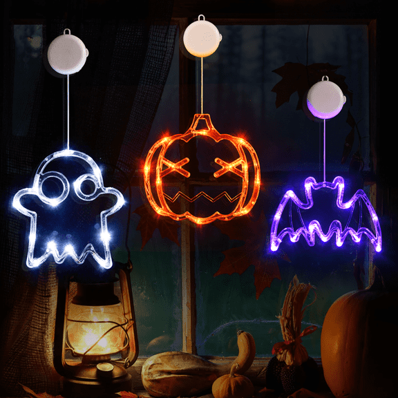 LOLStar Halloween Lights Decorations 2025 3-Pack Orange Pumpkin White Ghost Purple Bat Window Lights with Suction Cups, Battery Operated Halloween LED Lights Window Decor Slow Fade Mode and Timer