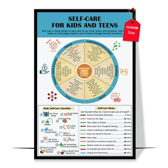 LOLUIS Self Care Wheel Poster, Mental Health Poster for Kids Teens, Therapist Office Decor (Unframed 11"x17")
