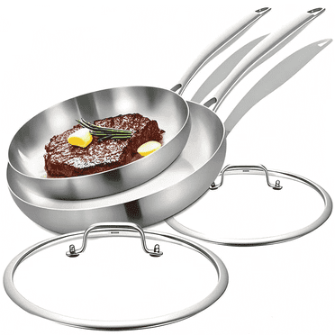 LOLYKITCH Tri-ply Stainless Steel Frying Pans Set with Lids, 10-12 inch Skillets,Induction Cookware Set,Dishwasher and Oven Safe,Removable Handle