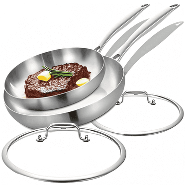 LOLYKITCH Stainless Steel Stri-Frying Pans Set with Lids, 10-12 inch Tri-ply Skillets,Induction Cookware Set,Pots and Pans Set,Dishwasher and Oven Safe. (Two Lids & Two Removable Handle)