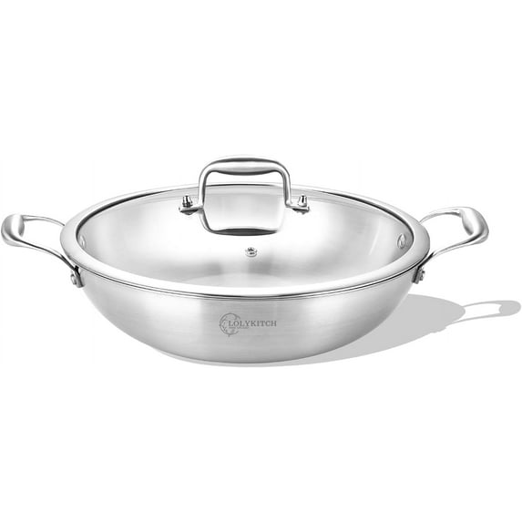 LOLYKITCH Tri-ply Stainless Steel Stir Fry Wok Pan with Lid,10 inch Induction Wok,Dishwasher and Oven Safe.