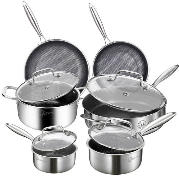 LOLYKITCH Tri-ply Hybrid Non-Stick Stainless Steel Cookware Set,10 Piece Induction Pots and Pans Set,Dishwasher and Oven Safe.
