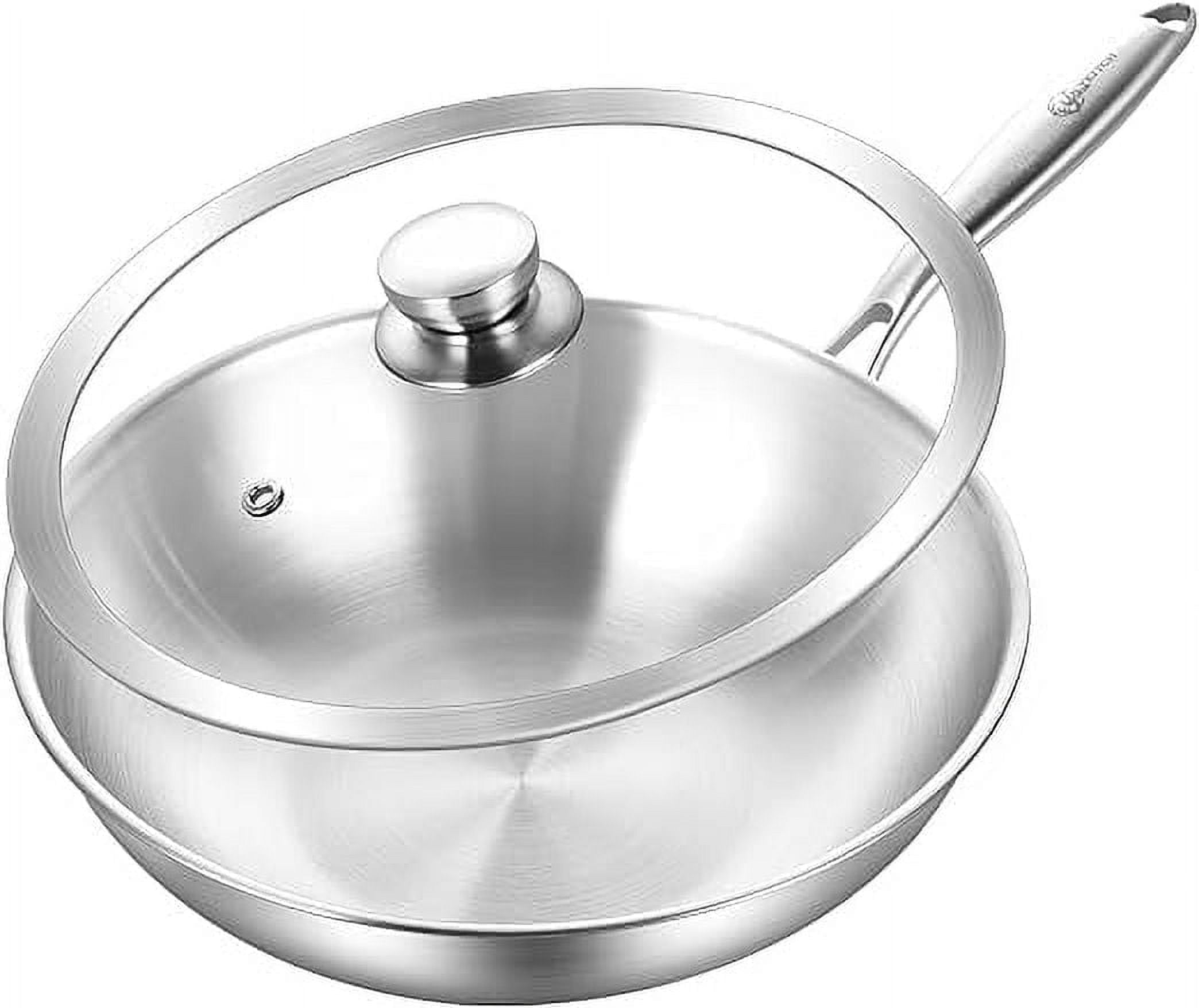 LOLYKITCH Tri-ply Stainless Steel Stir Fry Wok Pan with Lid,12 inch Stri Frying Pan,Induction Pan,Dishwasher and Oven Safe,Removable Handle.