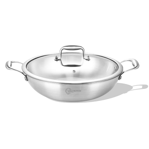 LOLYKITCH Tri-ply Stainless Steel Stir Fry Wok Pan with Lid,12 inch Jumbo Cooker,Induction Wok,Dishwasher and Oven Safe.