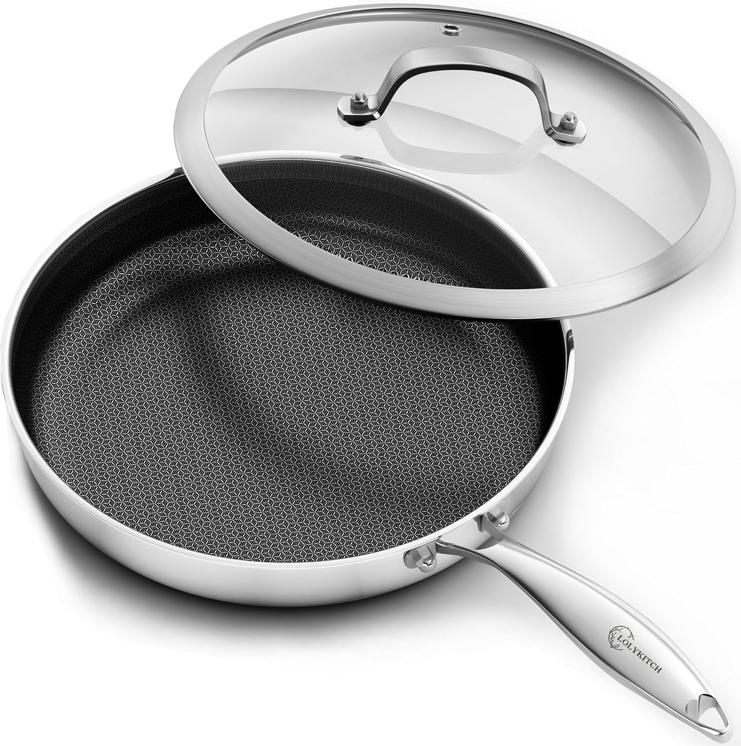 LOLYKITCH Tri-Ply Hybrid Non-Stick Frying Pan with Lid,12 inch Skillet,Induction Cooking Pan,Dishwasher and Oven Safe,Detachable Handle.